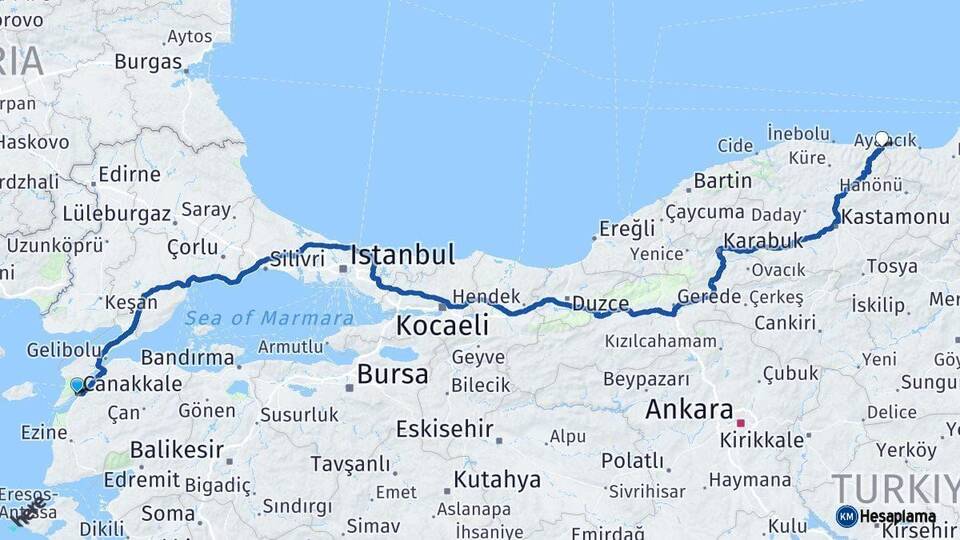 Çanakkale Çatalzeytin Kastamonu Arası Kaç Km - Yol Haritası