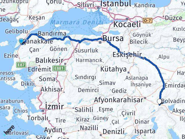 Çanakkale Çay Afyonkarahisar Arası Kaç Km - Yol Haritası