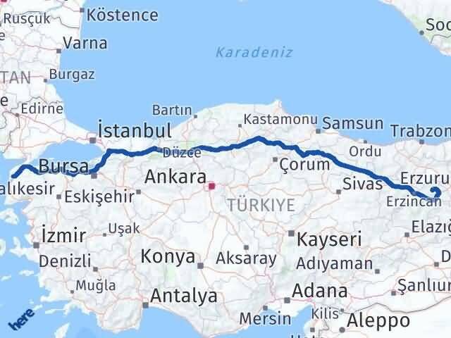 Çanakkale Çayırlı Erzincan Arası Kaç Km - Yol Haritası