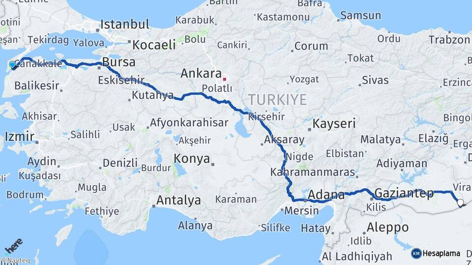 Çanakkale Ceylanpınar Şanlıurfa Arası Kaç Km - Yol Haritası