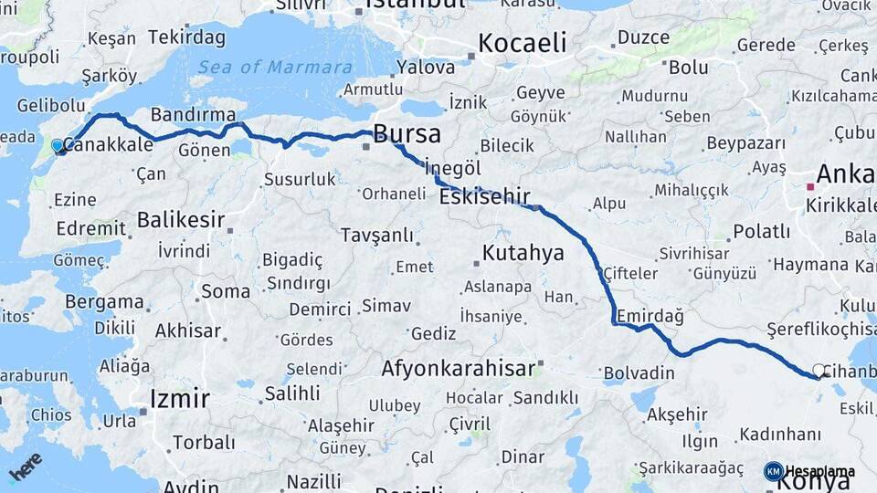 Çanakkale Cihanbeyli Konya Arası Kaç Km - Yol Haritası