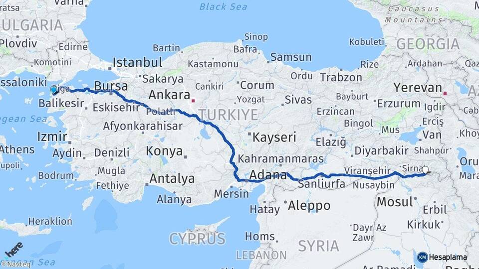 Çanakkale Çukurca Hakkari Arası Kaç Km - Yol Haritası