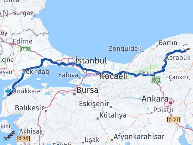 Çanakkale Daday Kastamonu Arası Kaç Km - Yol Haritası