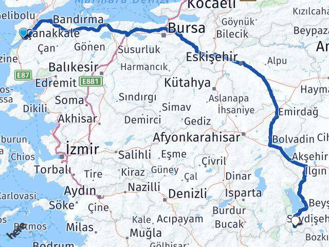 Çanakkale Derebucak Konya Arası Kaç Km - Yol Haritası
