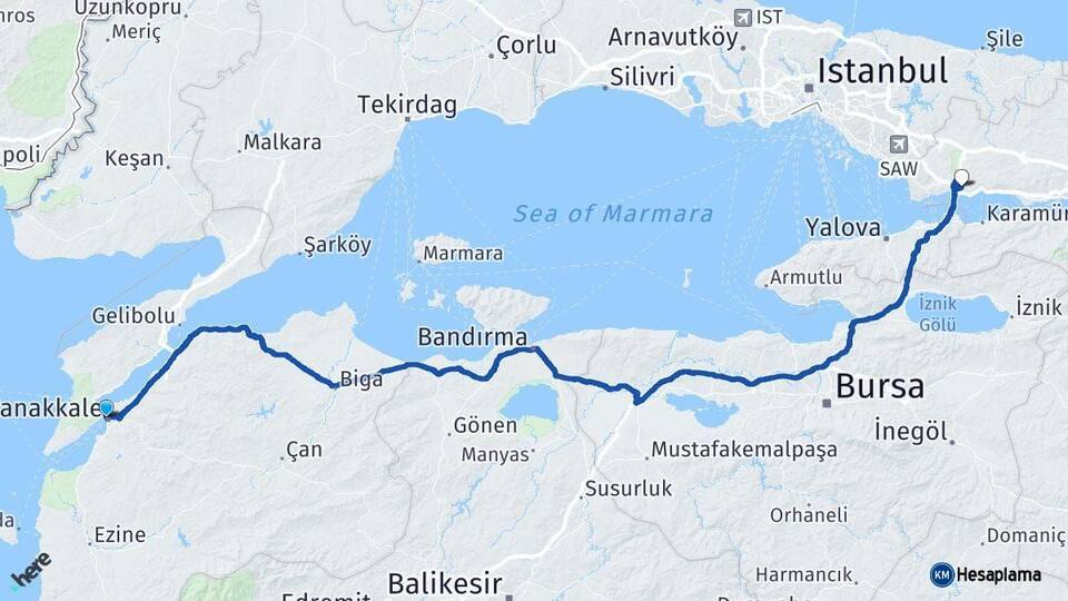 Çanakkale Dilovası Kocaeli Arası Kaç Km - Yol Haritası