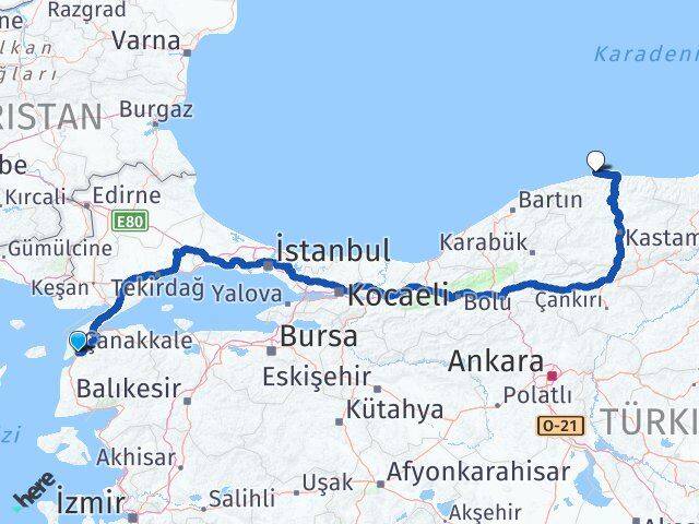 Çanakkale Doğanyurt Kastamonu Arası Kaç Km - Yol Haritası