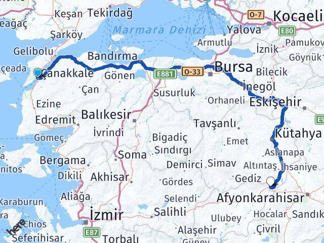 Çanakkale Dumlupınar Kütahya Arası Kaç Km - Yol Haritası