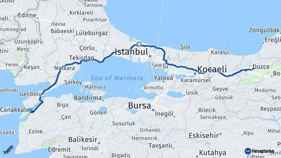 Çanakkale Düzce Arası Kaç Km - Yol Haritası