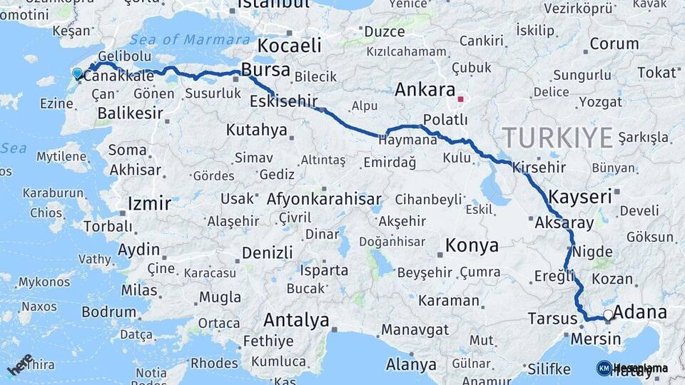 Çanakkale Eceabat Adana Arası Kaç Km - Yol Haritası
