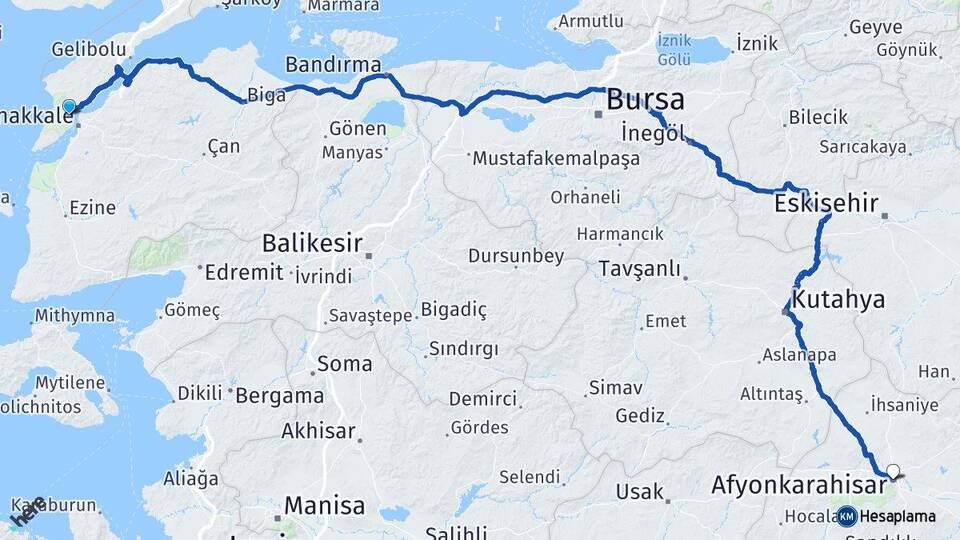 Çanakkale Eceabat Afyonkarahisar Arası Kaç Km - Yol Haritası