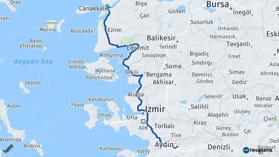 Çanakkale Eceabat Aydın Arası Kaç Km - Yol Haritası