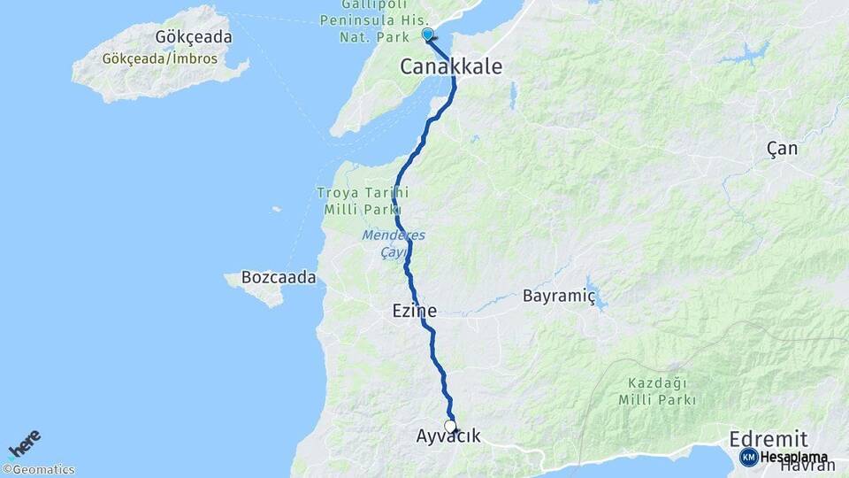 Çanakkale Eceabat Ayvacık Arası Kaç Km - Yol Haritası