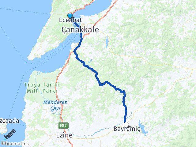 Çanakkale Eceabat Bayramiç Arası Kaç Km - Yol Haritası