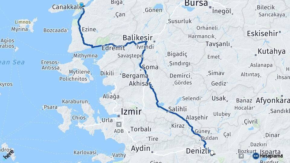 Çanakkale Eceabat Denizli Arası Kaç Km - Yol Haritası