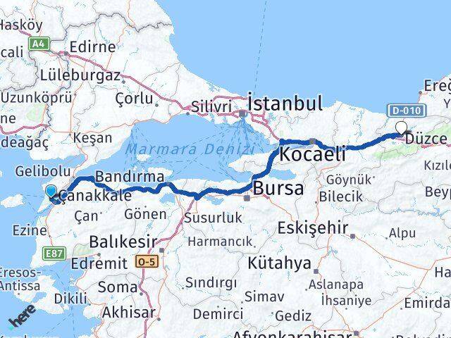 Çanakkale Eceabat Düzce Arası Kaç Km - Yol Haritası