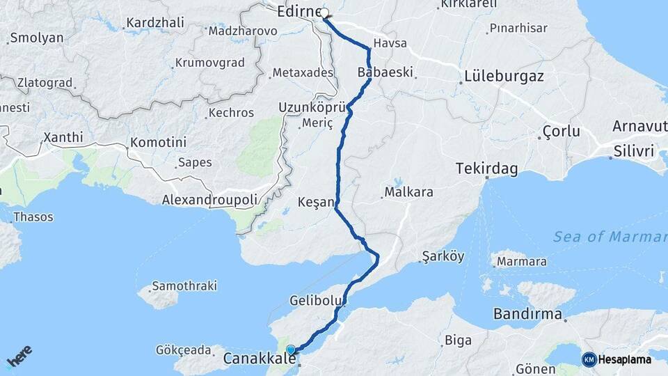 Çanakkale Eceabat Edirne Arası Kaç Km - Yol Haritası