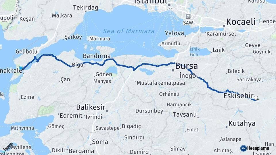 Çanakkale Eceabat Eskişehir Arası Kaç Km - Yol Haritası