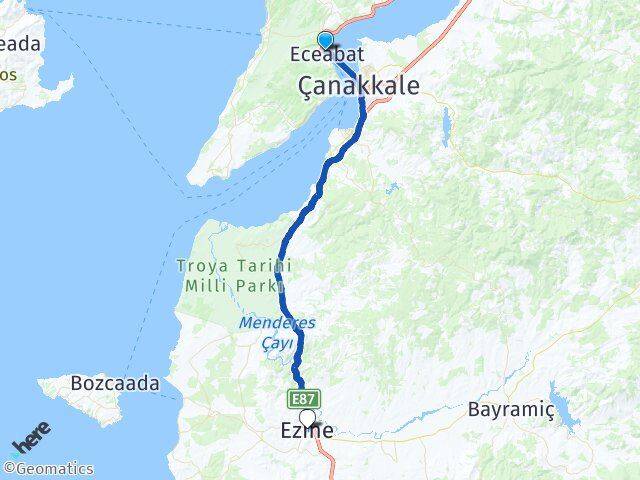 Çanakkale Eceabat Ezine Arası Kaç Km - Yol Haritası