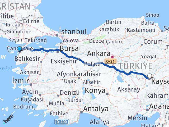 Çanakkale Eceabat Kayseri Arası Kaç Km - Yol Haritası