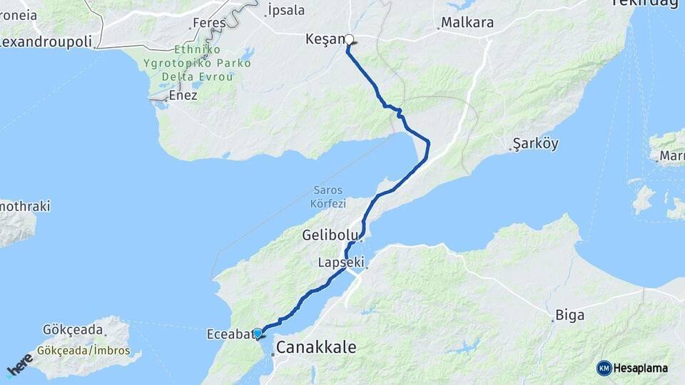 Çanakkale Eceabat Keşan Edirne Arası Kaç Km - Yol Haritası
