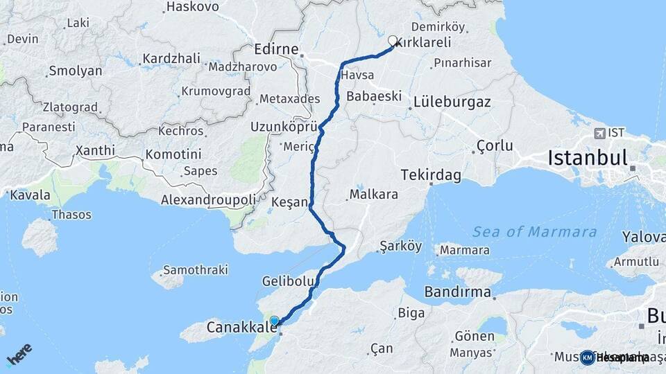 Çanakkale Eceabat Kırklareli Arası Kaç Km - Yol Haritası