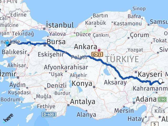 Çanakkale Ekinözü Kahramanmaraş Arası Kaç Km - Yol Haritası