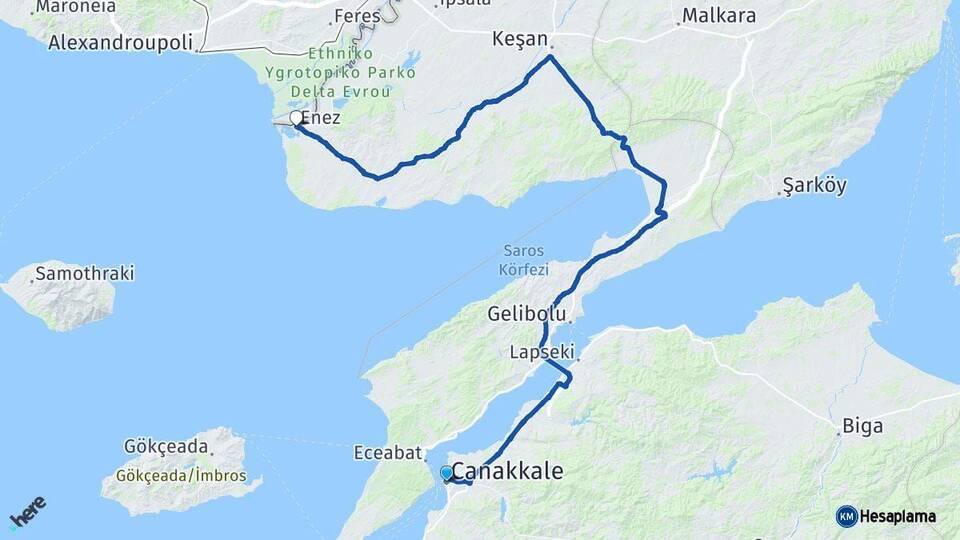 Çanakkale Enez Edirne Arası Kaç Km - Yol Haritası
