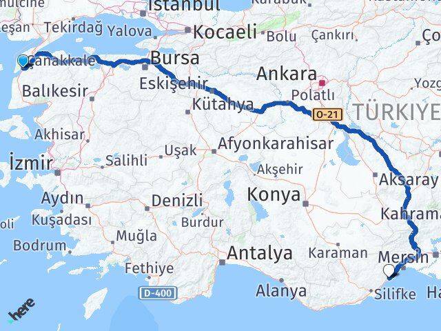 Çanakkale Erdemli Mersin Arası Kaç Km - Yol Haritası