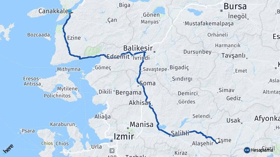 Çanakkale Eşme Uşak Arası Kaç Km - Yol Haritası
