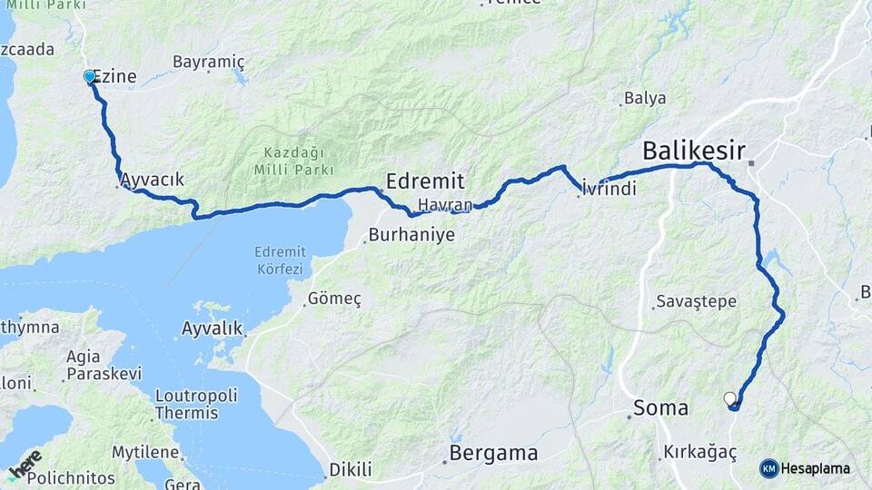Çanakkale Ezine Alacalar Kırkağaç Manisa Arası Kaç Km - Yol Haritası