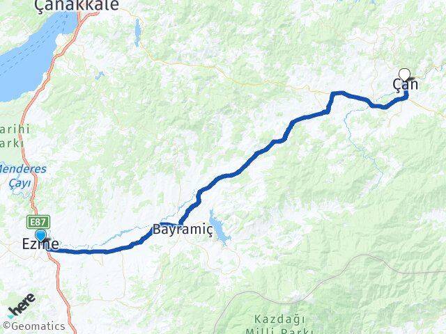Çanakkale Ezine Çan Arası Kaç Km - Yol Haritası