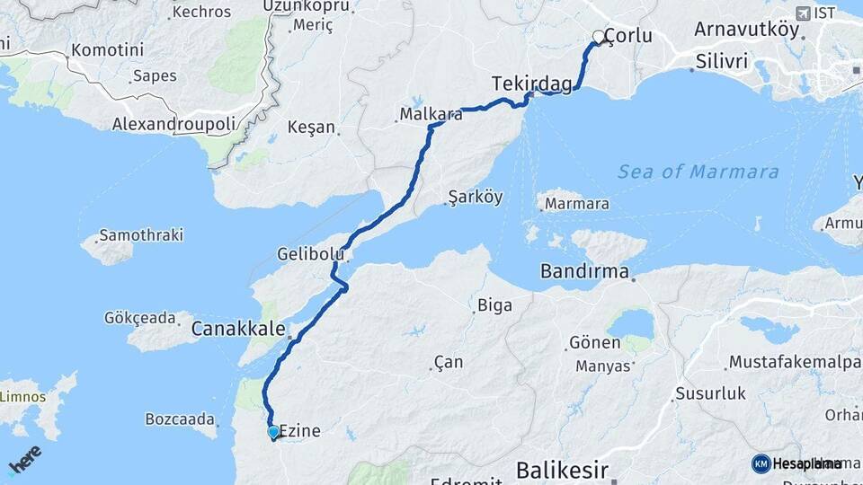 Çanakkale Ezine Çorlu Tekirdağ Arası Kaç Km - Yol Haritası