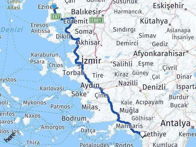 Çanakkale Ezine Fethiye Muğla Arası Kaç Km - Yol Haritası