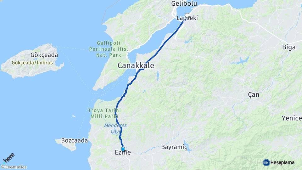 Çanakkale Ezine Lapseki Arası Kaç Km - Yol Haritası