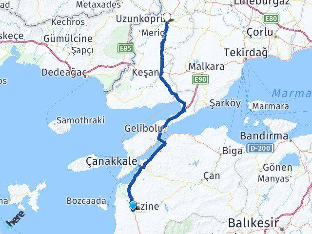 Çanakkale Ezine Uzunköprü Edirne Arası Kaç Km - Yol Haritası