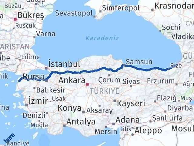 Çanakkale Fındıklı Rize Arası Kaç Km - Yol Haritası