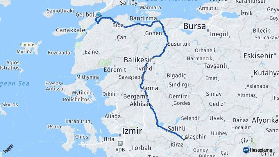 Çanakkale Gelibolu Alaşehir Manisa Arası Kaç Km - Yol Haritası