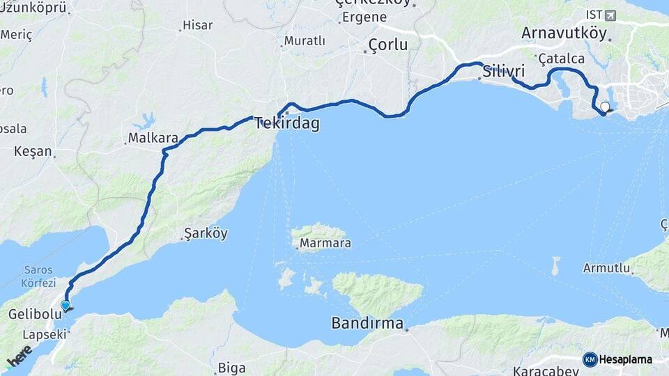 Çanakkale Gelibolu Avcılar İstanbul Arası Kaç Km - Yol Haritası