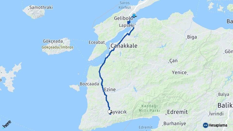 Çanakkale Gelibolu Ayvacık Arası Kaç Km - Yol Haritası