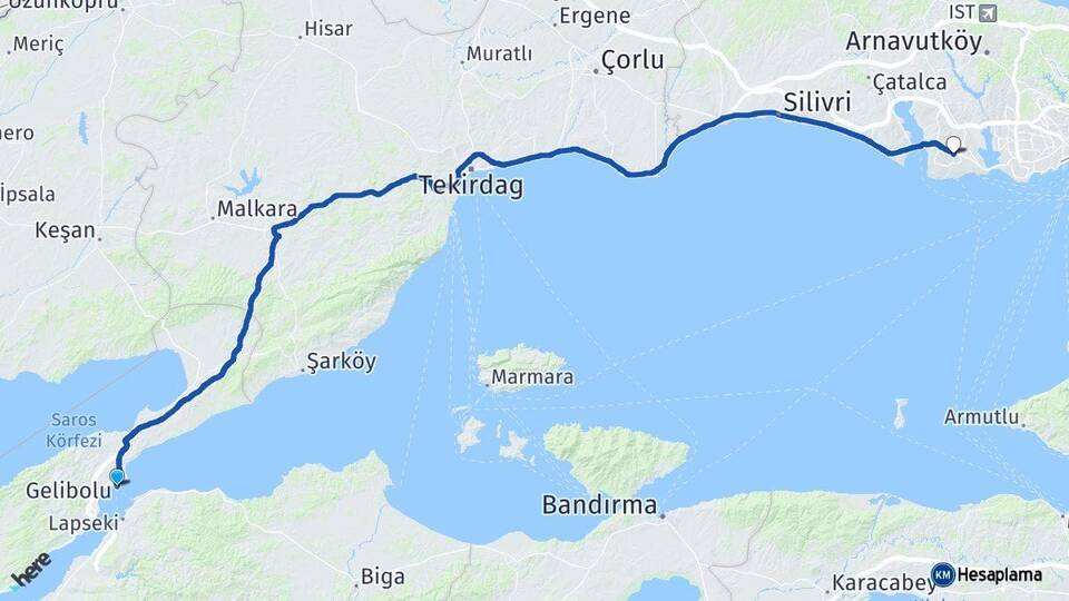 Çanakkale Gelibolu Beylikdüzü İstanbul Arası Kaç Km - Yol Haritası