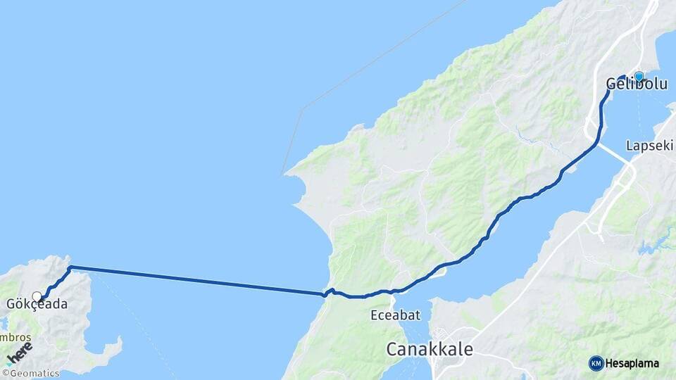 Çanakkale Gelibolu Gökçeada Arası Kaç Km - Yol Haritası