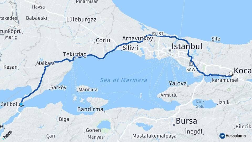 Çanakkale Gelibolu İzmit Kocaeli Arası Kaç Km - Yol Haritası