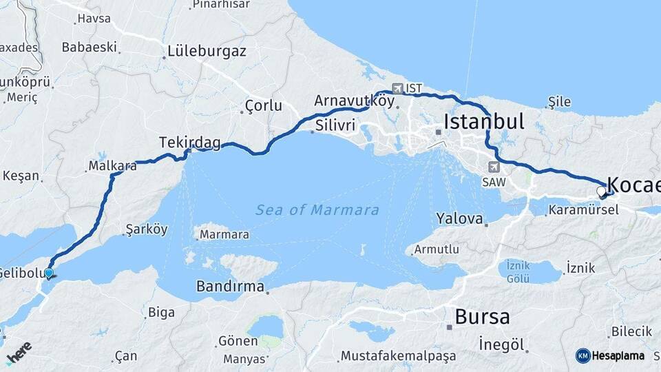 Çanakkale Gelibolu Kocaeli Arası Kaç Km - Yol Haritası