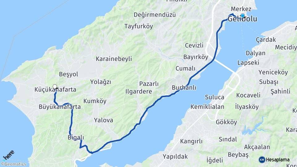 Çanakkale Gelibolu Küçükanafarta Eceabat Arası Kaç Km - Yol Haritası
