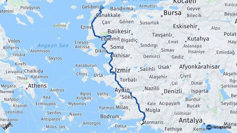 Çanakkale Gelibolu Marmaris Muğla Arası Kaç Km - Yol Haritası