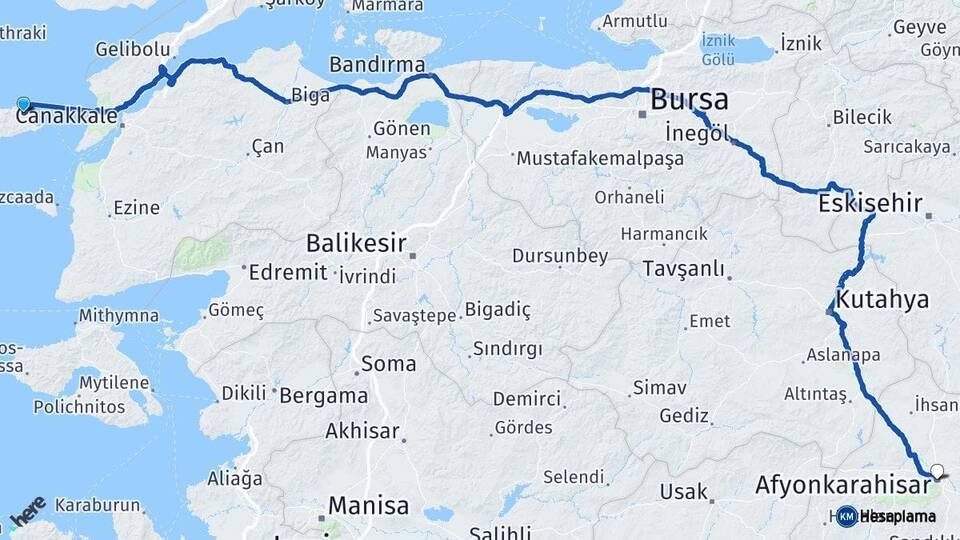 Çanakkale Gökçeada Afyonkarahisar Arası Kaç Km - Yol Haritası