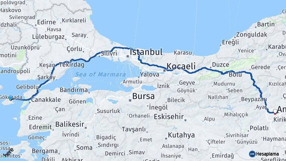 Çanakkale Gökçeada Ankara Arası Kaç Km - Yol Haritası
