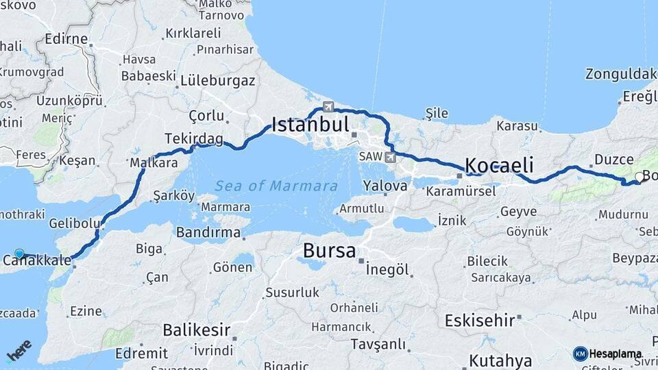 Çanakkale Gökçeada Bolu Arası Kaç Km - Yol Haritası