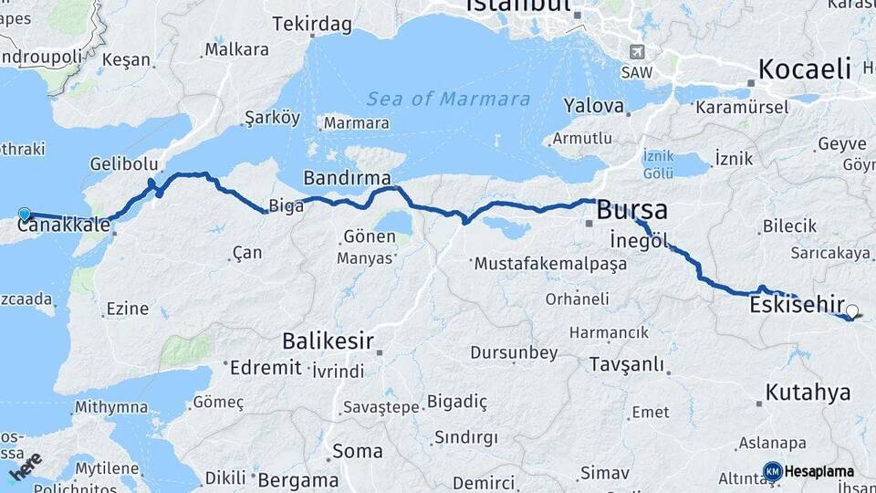 Çanakkale Gökçeada Eskişehir Arası Kaç Km - Yol Haritası