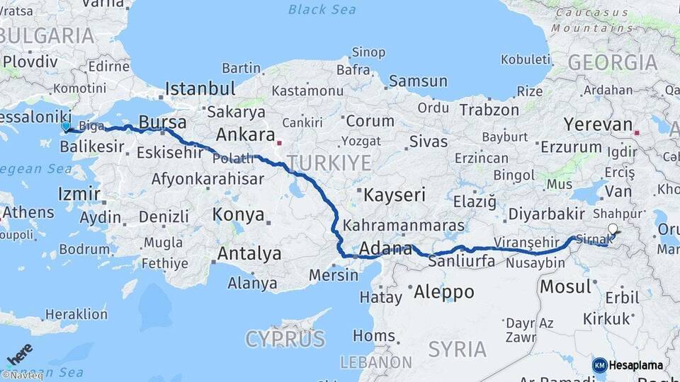 Çanakkale Gökçeada Hakkari Arası Kaç Km - Yol Haritası